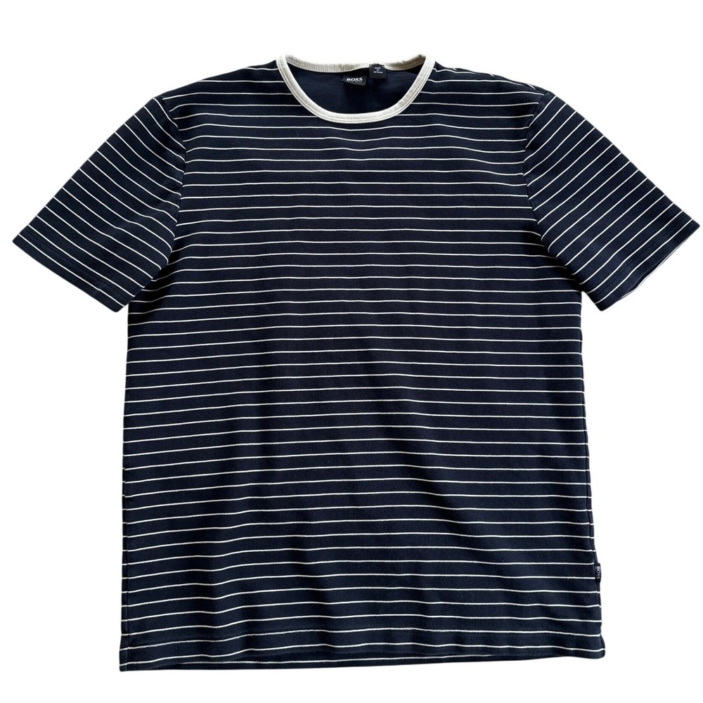 BOSS Hugo Boss Mens Striped Crew Neck Short Sleeve T-Shirt Navy White Size L